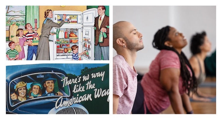 Images évoquant l'american way of life à gauche et une méditation "orientalisante" à droite