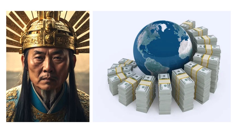 À gauche l'image d'un empereur chinois évoquant le "mandat du ciel" et à droite un globe terrestre entouré de dollar, évoquant la prédation anglo-saxone