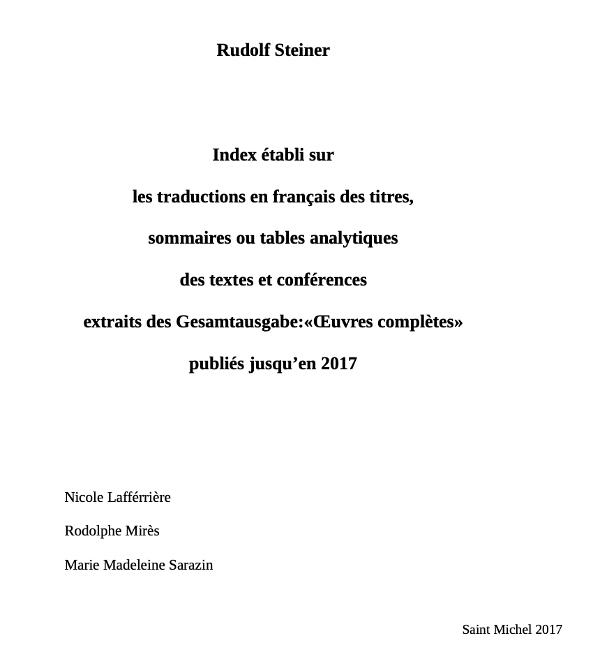 Couverture de l'index établi sur les traductions en français des titres, sommaires ou tables analytiques des textes et conférences extraits des Gesamtausgabe de Rudolf Steiner