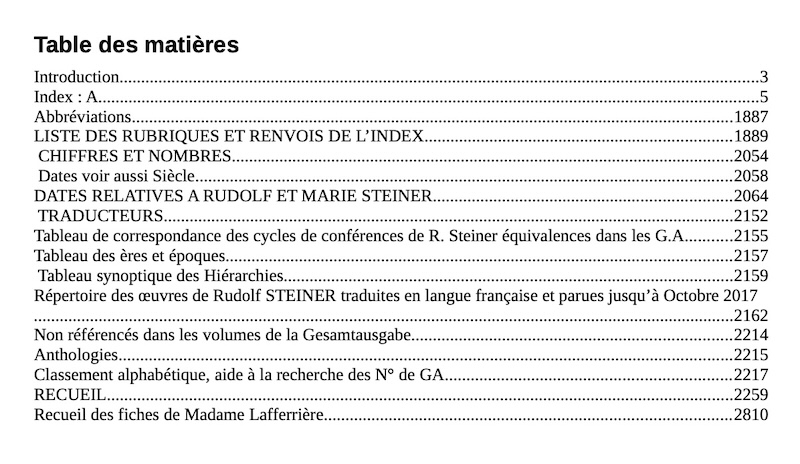 Table des matières de l'index des mots clés (GA Rudolf Steiner en français)